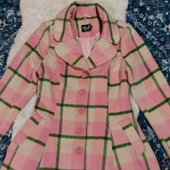 Hell bunny Millicent retro pink & green plaid peacoat womens sz small - Picture 10 of 15